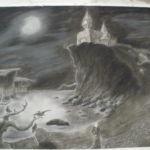 Charcoal, Conté pencil, and graphite on the rough side of a bristol plate; final project for Perspective class, to draw a piece of architecture in a strange landscape. Charcoal, Conté pencil, and graphite on the rough side of a bristol plate; final project for Perspective class, to draw a piece of architecture in a strange landscape.