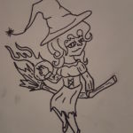 Flying witch sketch for Halloween coloring book 2016 flying witch