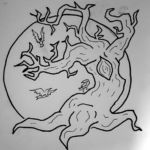 Spooky tree and ravens full moon sketch for Halloween coloring book 2016 spooky tree