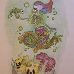Toxic Reef -- undead mermaid with bonefish, pen and colored pencil undead mermaid